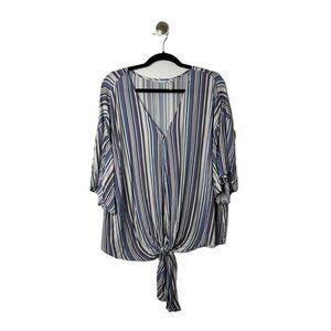 LUQ Blouse Womens Size 2X Blue Wrap Striped Pattern Tie-Front 3/4 Sleeves